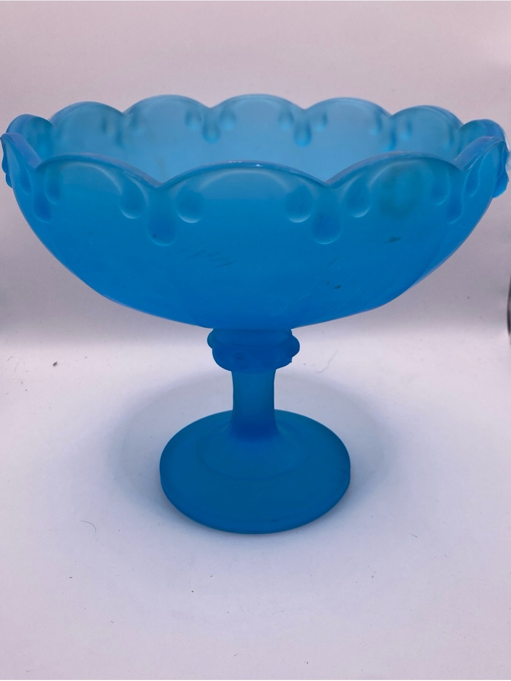 Vintage Indiana Glass Company Satin Mist Blue Compote Pedestal Garland Bowl